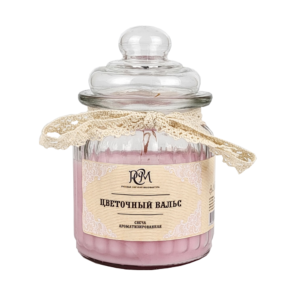 Свеча розовая ароматическая в стеклянной банке с тесьмой, с цветочным ароматом